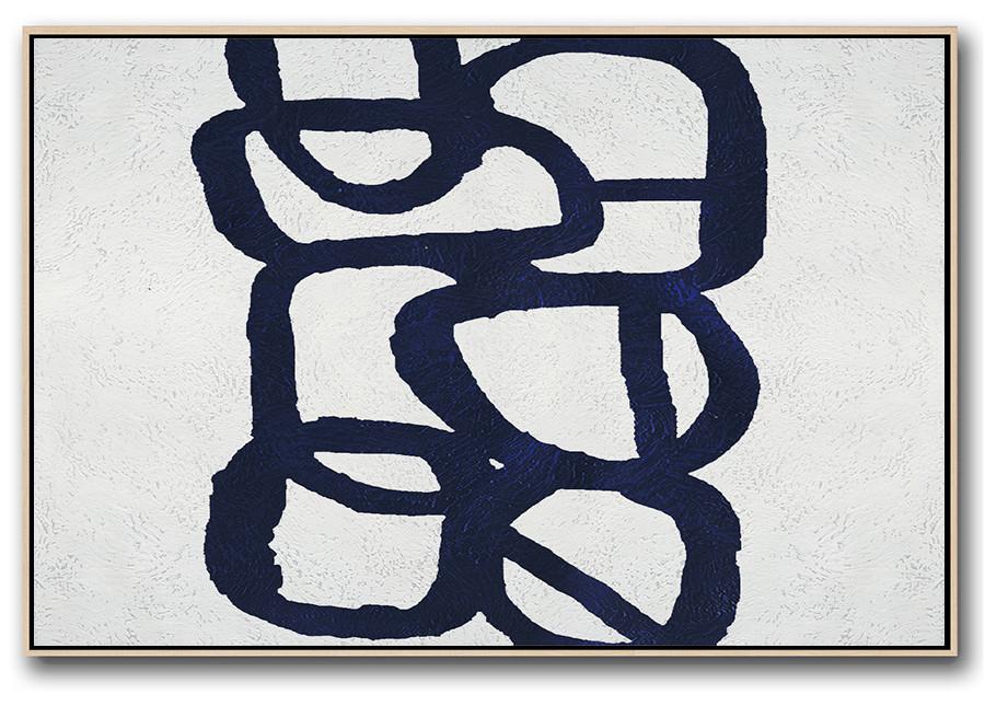 Horizontal Navy Painting Abstract Minimalist Art On Canvas - Contemporary Abstract Artwork Large